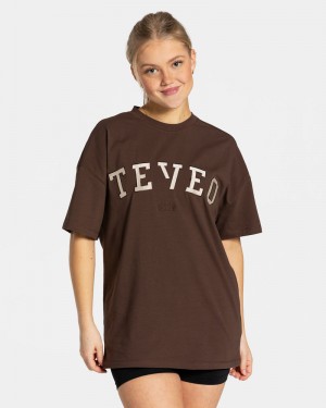 Teveo College Oversized T-shirt Dark Brown | DDNB7587