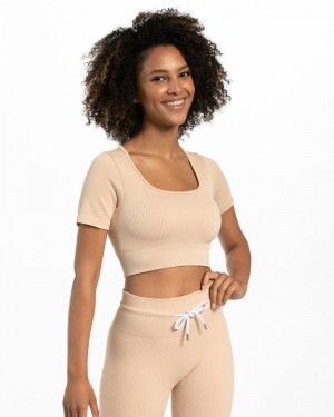 Teveo Ribbed Crop Top Beige | CONA7587