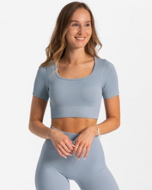 Teveo Ribbed Crop Top Grey Blue | SVUM4326