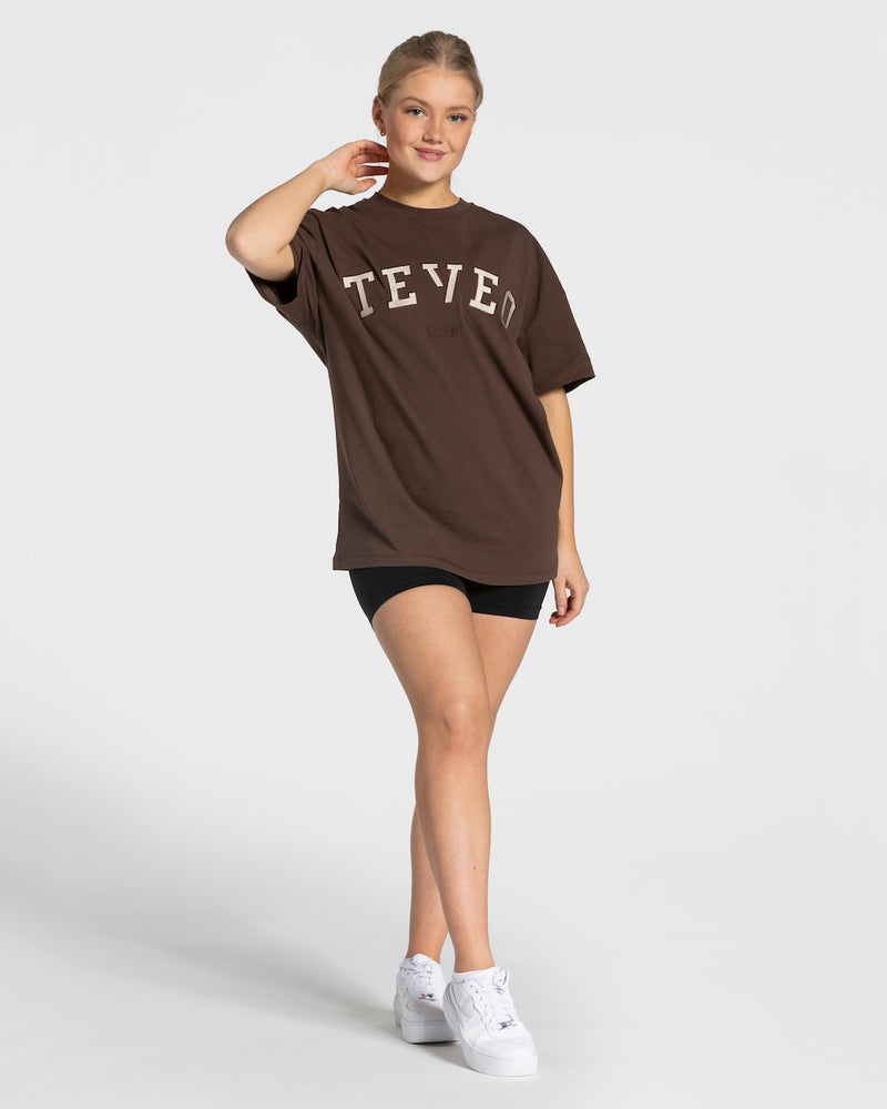 Teveo College Oversized T-shirt Dark Brown | DDNB7587