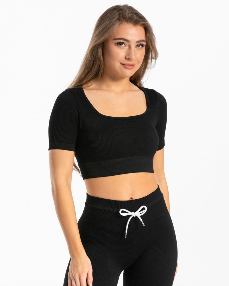 Teveo Ribbed Crop Top Black | XKPQ5214